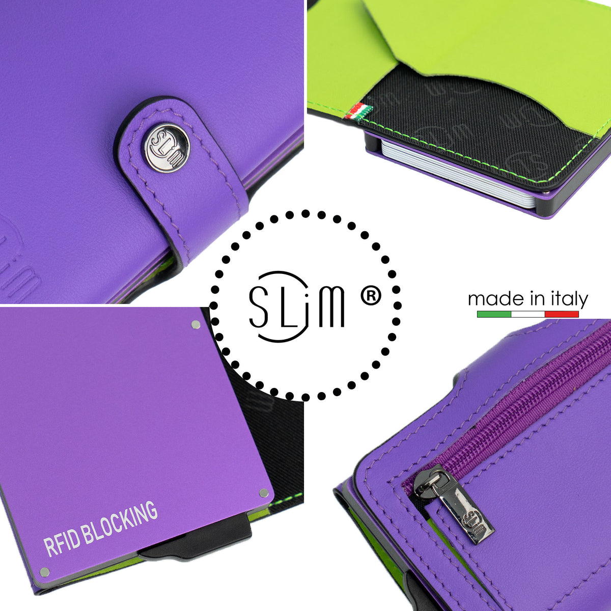 Porta Carte Vera Pelle Viola/Verde Lime con zip porta monete