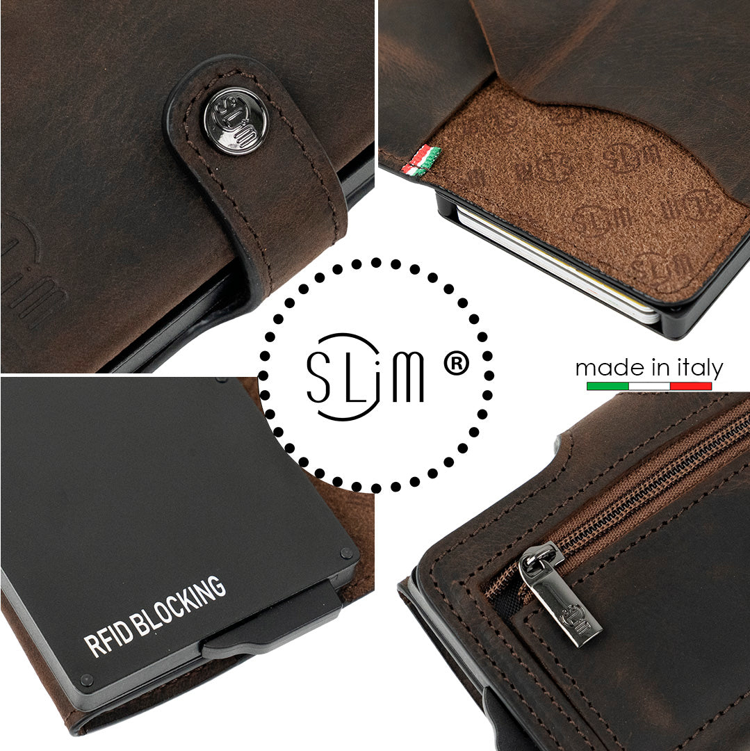 Porta Carte Vera Pelle Crazy Horse Dark Brown con zip