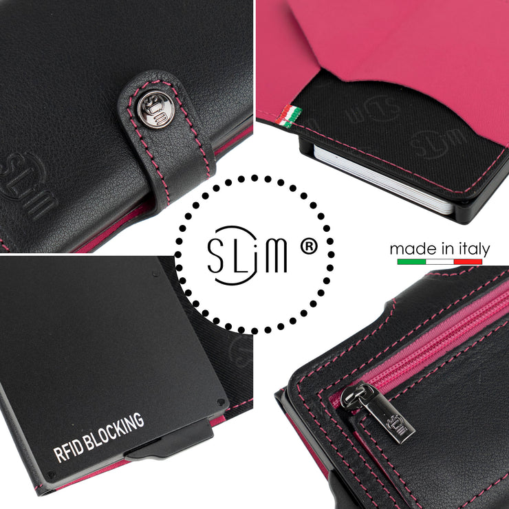 Porta Carte Vera Pelle Nero e Fucsia