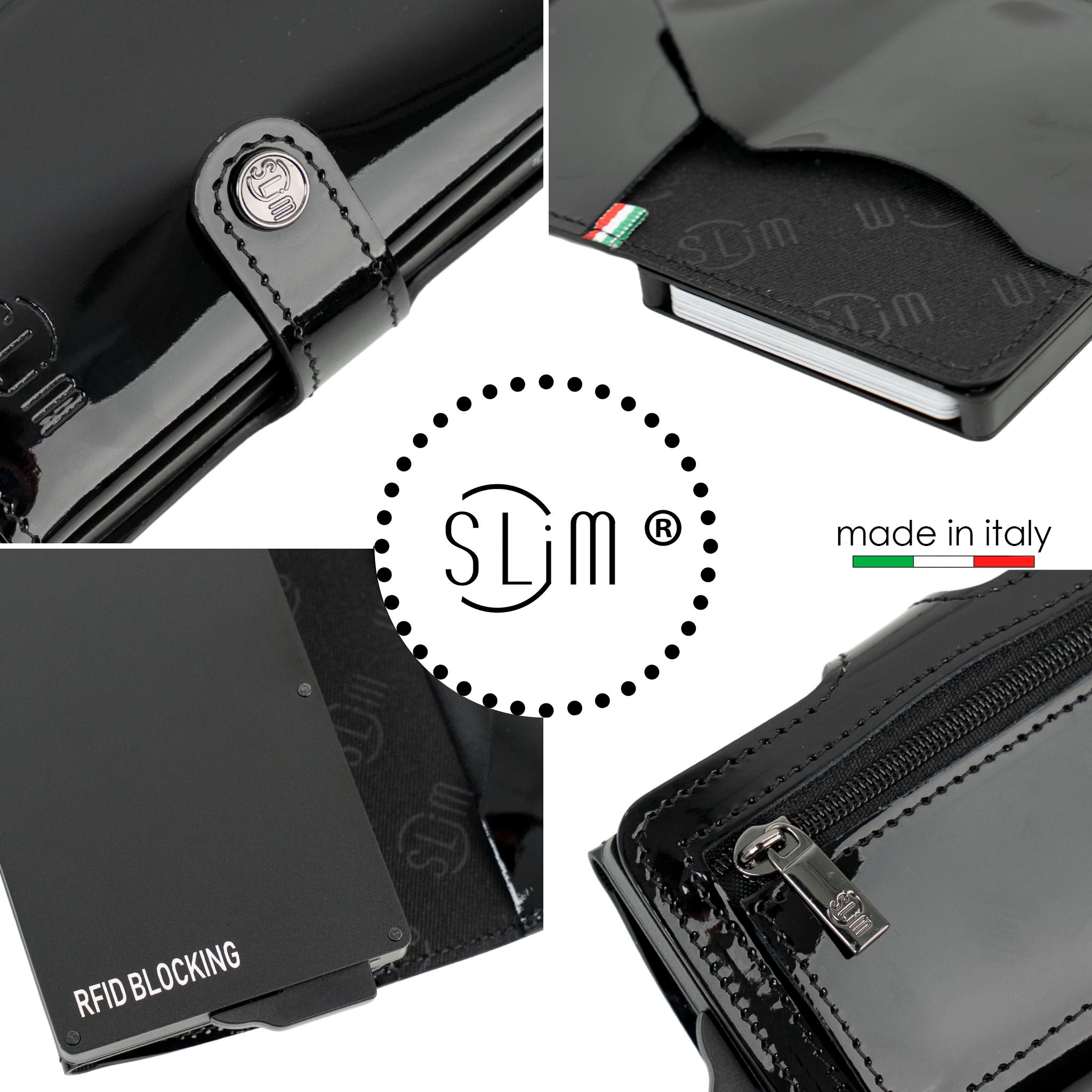 Porta Carte Vera Pelle Specchio Nero con Zip
