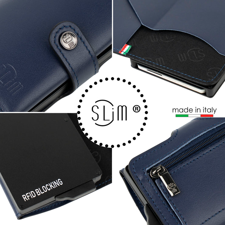 Porta Carte Vera Pelle Blu con Zip