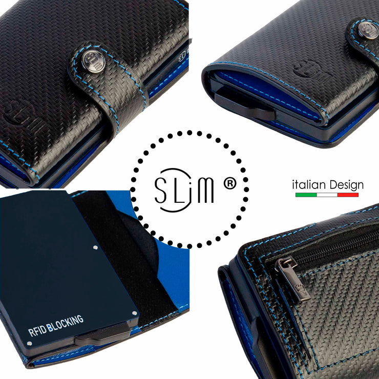 SLim®️ carbon style genuine leather wallet black/blue with zip