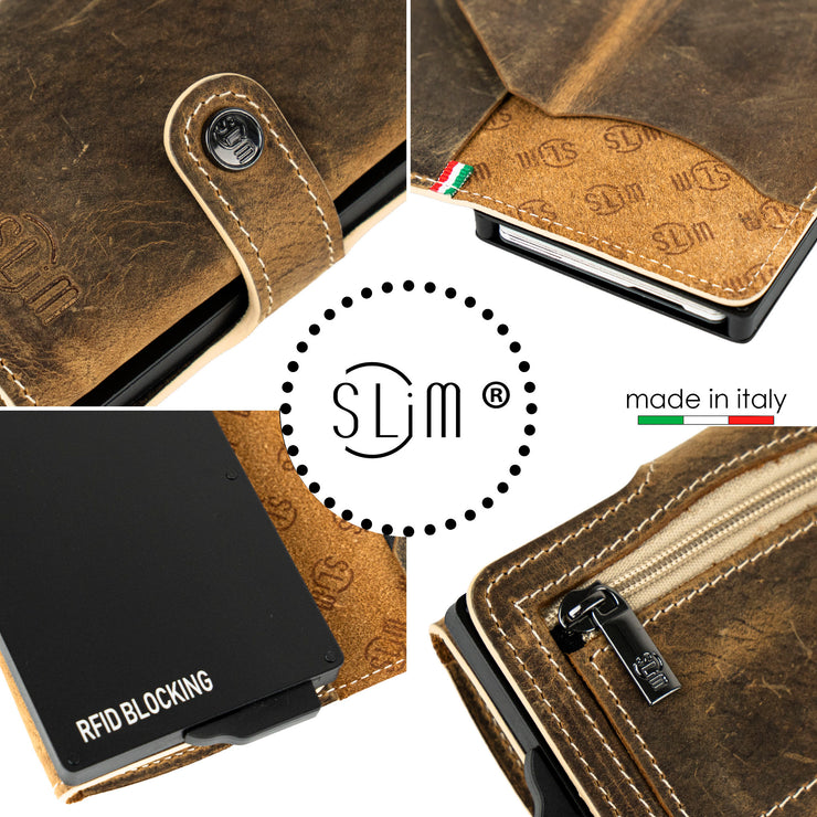 Porta Carte Vera Pelle Crazy Horse Cuoio Dark con zip