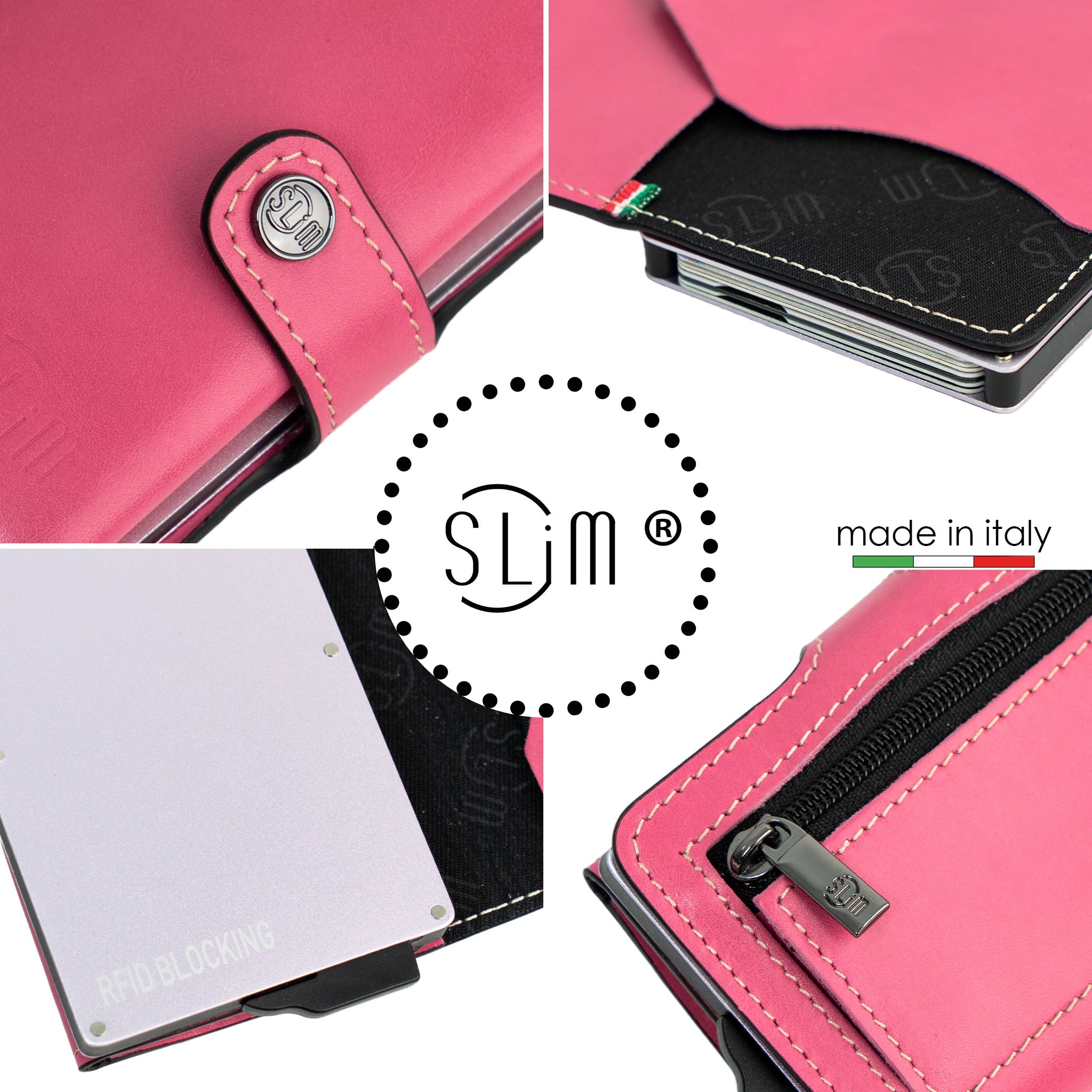Porta Carte Vera Pelle Concia Vegetale Fucsia Zip