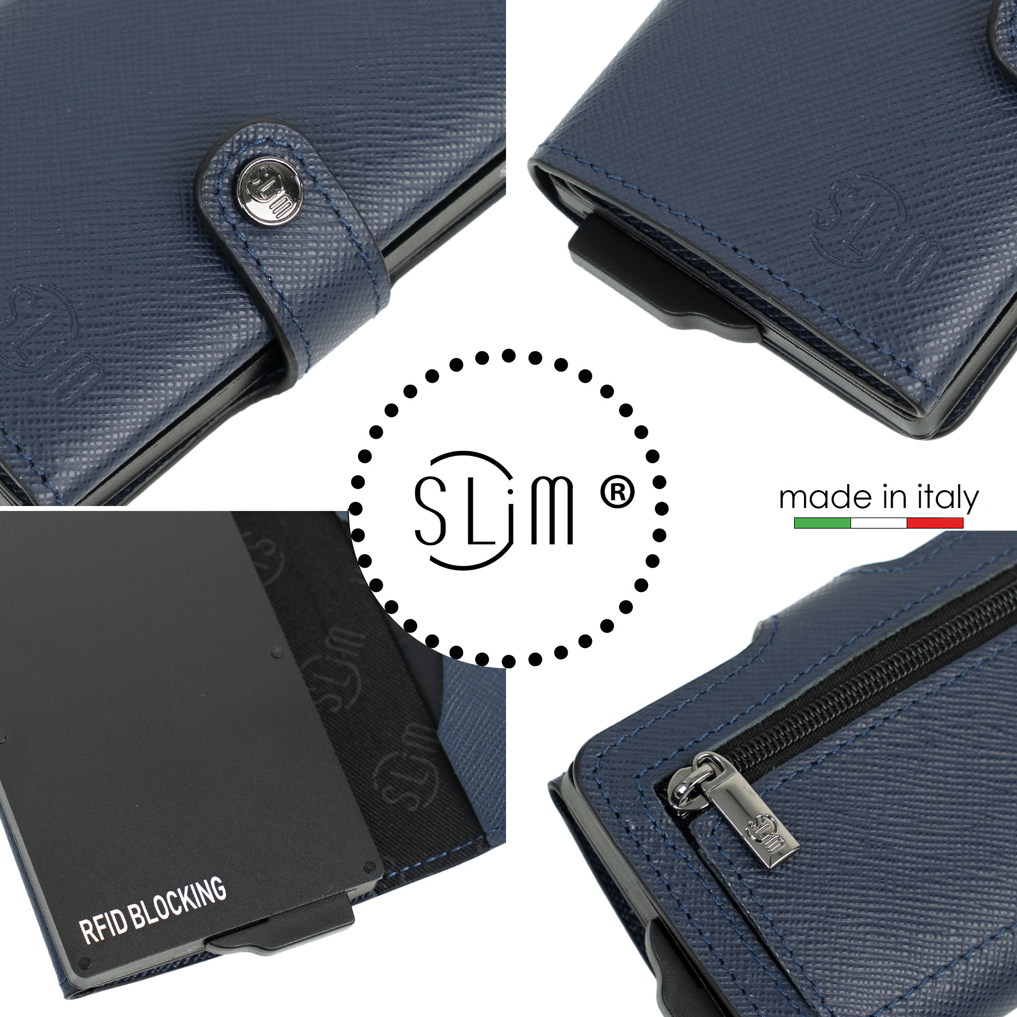 Portacarte Vera Pelle Saffiano Anti Graffio Blu con zip