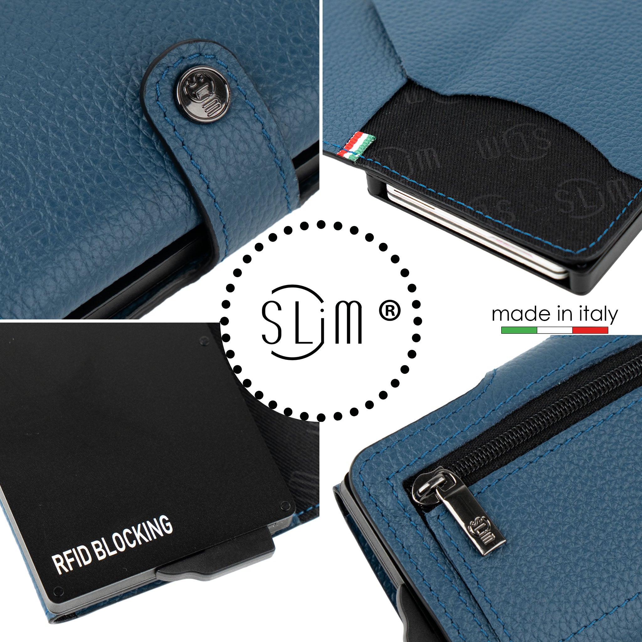 Porta Carte Vera Pelle Bottalato Blu navy con zip porta monete