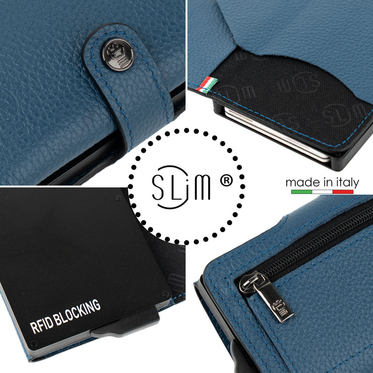 Porta Carte Vera Pelle Bottalato Blu navy con zip porta monete
