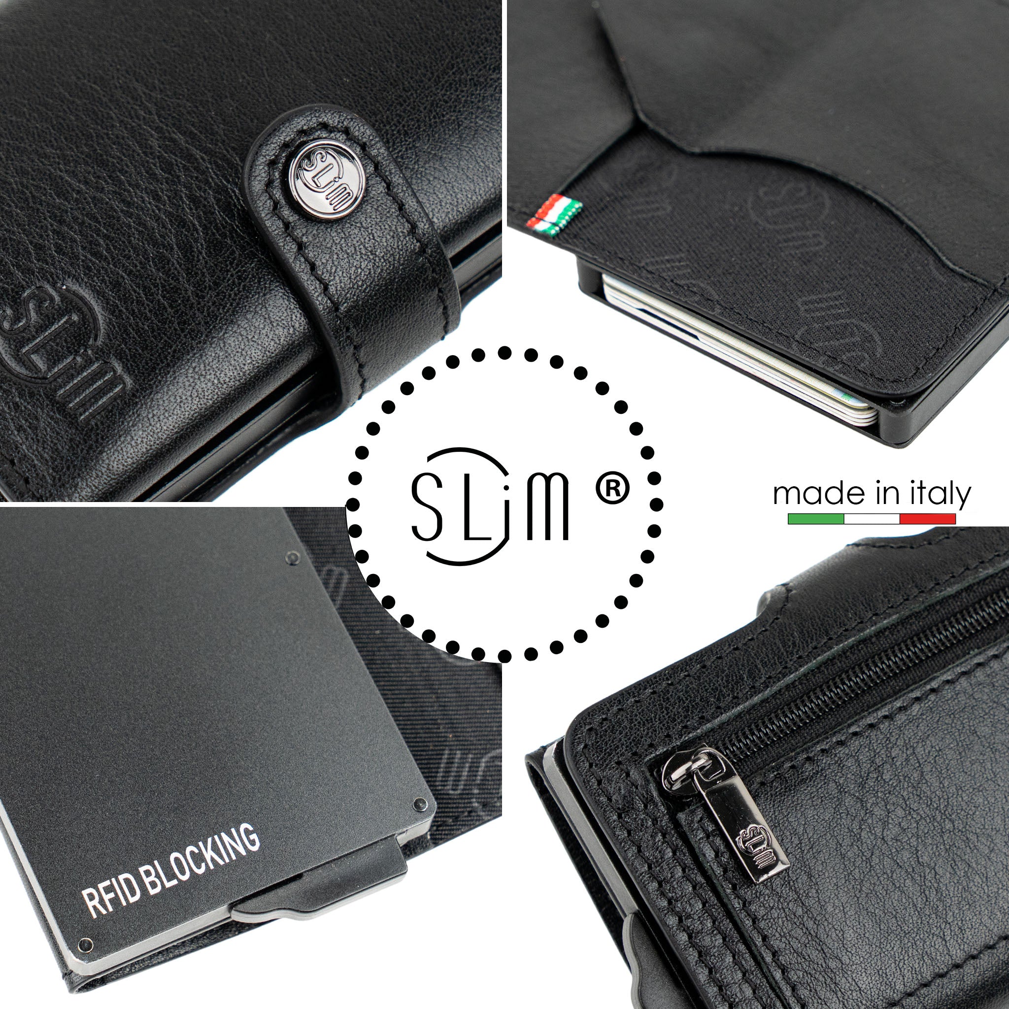 Porta Carte Vera Pelle Concia Al Vegetale Nero Zip