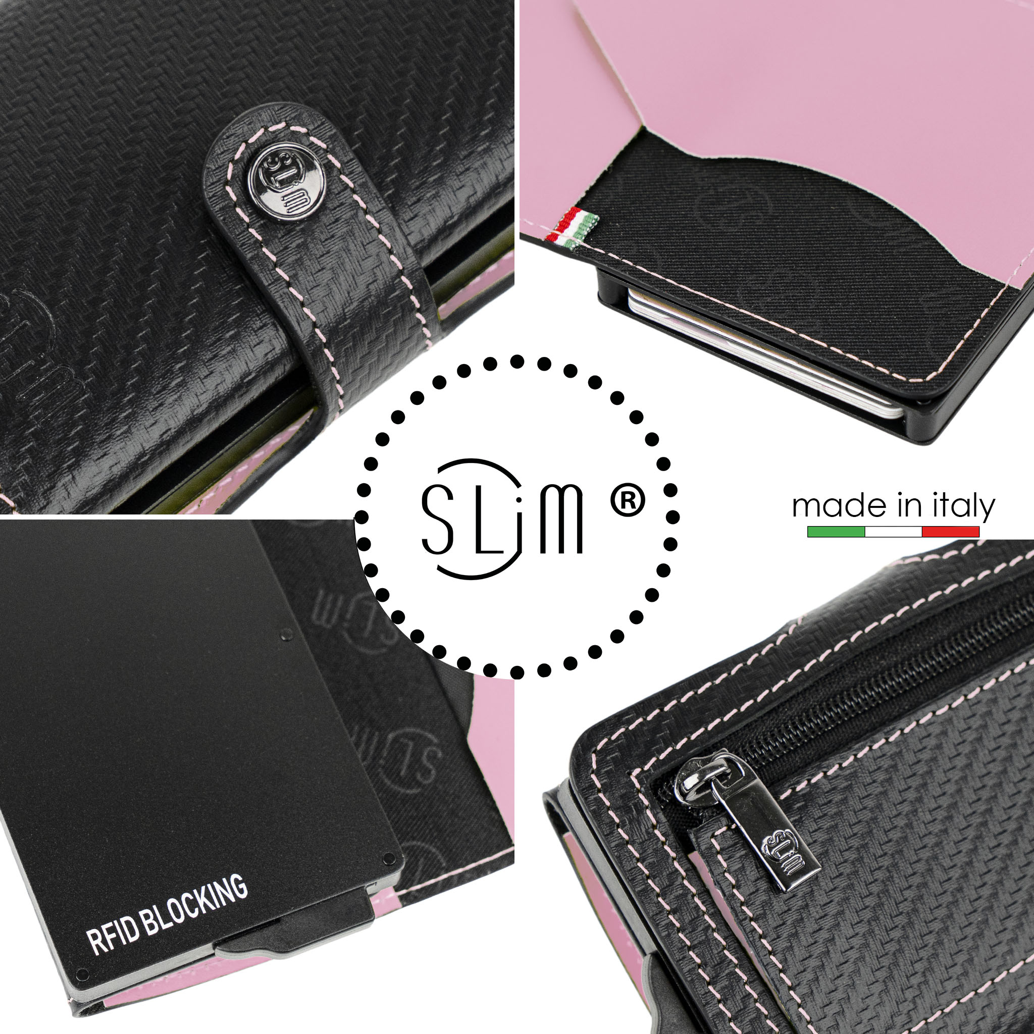 Porta Carte Vera Pelle Carbon Style Nero/Rosa con zip
