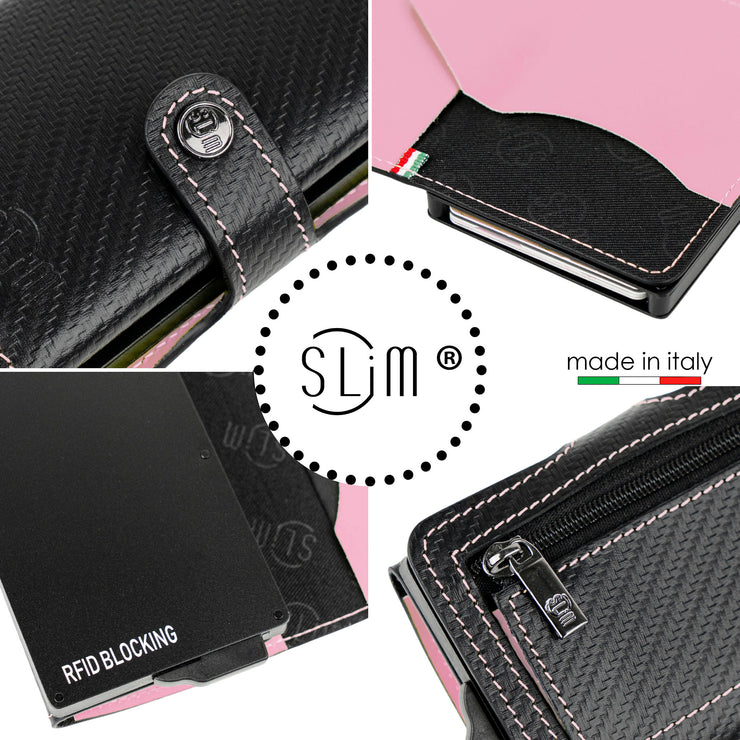 SLim®️ carbon style genuine leather wallet black/yellow with zip