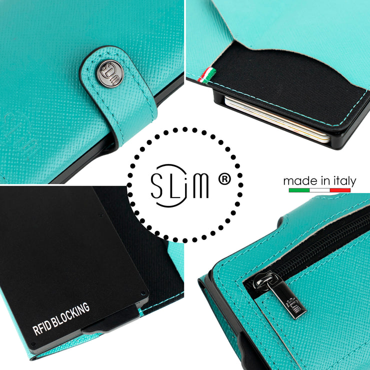 Porta Carte Vera Pelle Saffiano Anti Graffio Turchese con Zip
