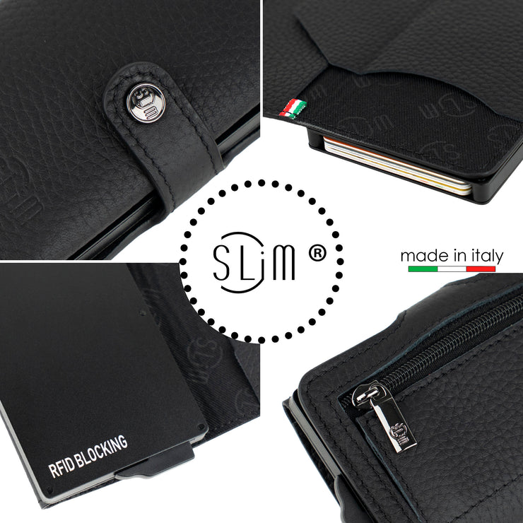 SLim®️ drummed genuine black leather wallet with coin pocket zip