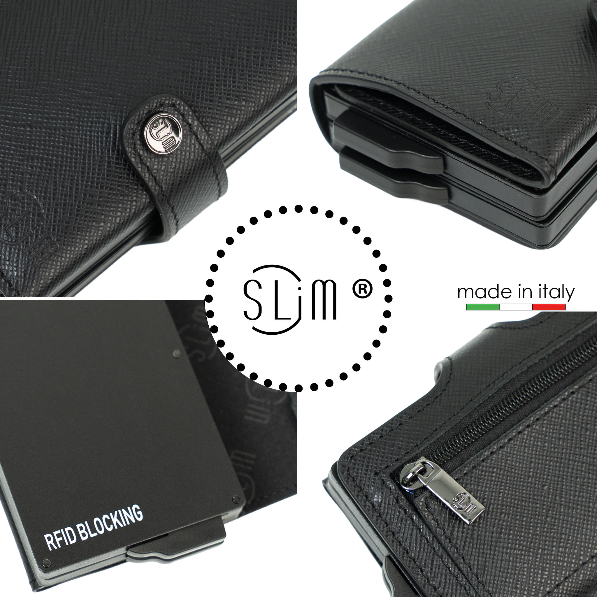Porta Carte Vera Pelle Saffiano Nero Doppia Cassa