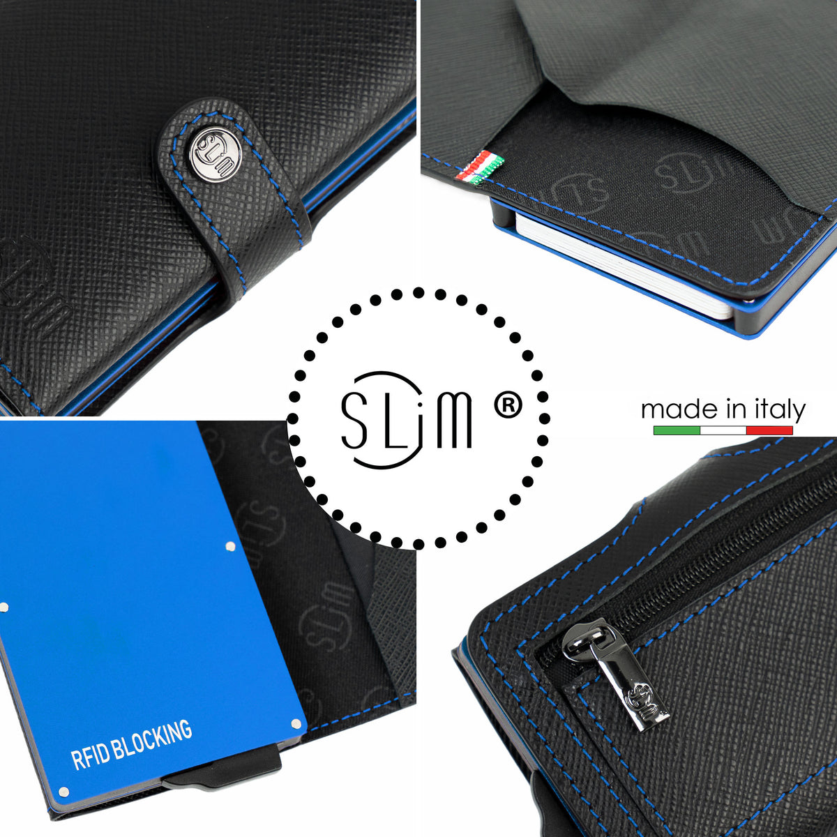 Portacarte Vera Pelle Saffiano Nero Cuciture e Cassa Blu