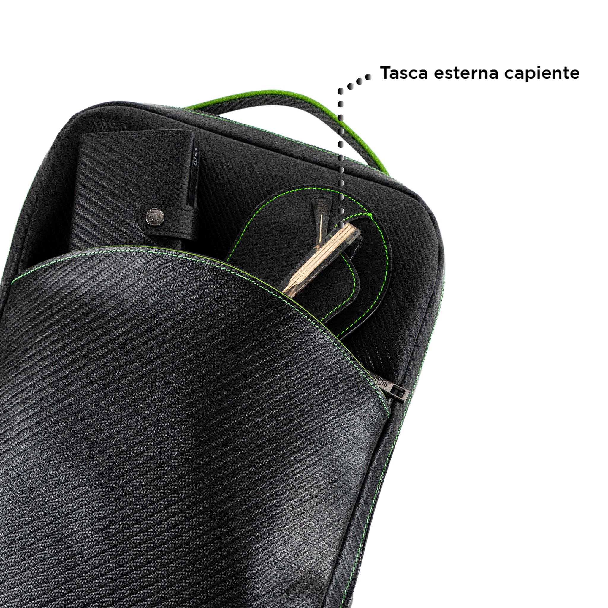 Zaino Medio Vera Pelle Carbon Nero cuciture Verde Fluo