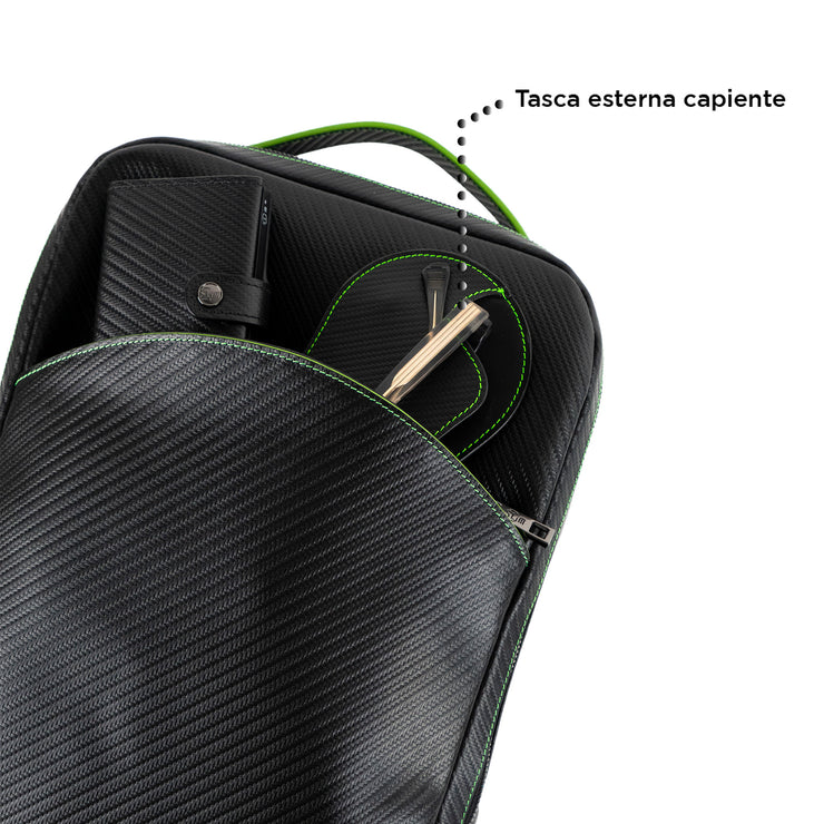 Zaino Vera Pelle Carbon Nero cuciture Verde Fluo