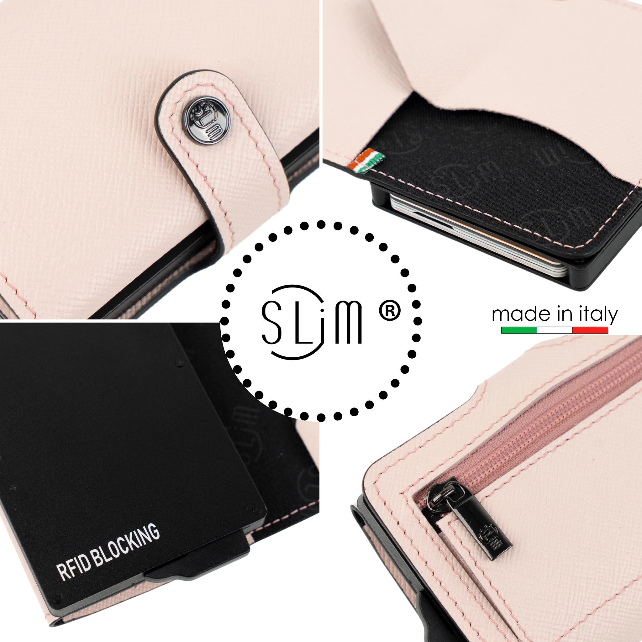Porta Carte Vera Pelle Saffiano Anti Graffio Rosa con Zip