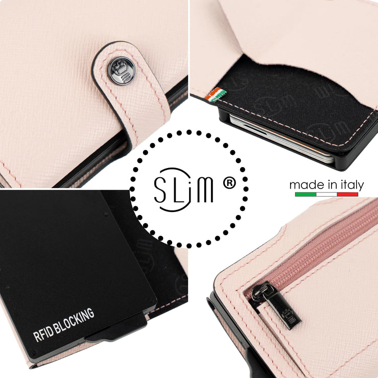 Porta Carte Vera Pelle Saffiano Anti Graffio Rosa con Zip