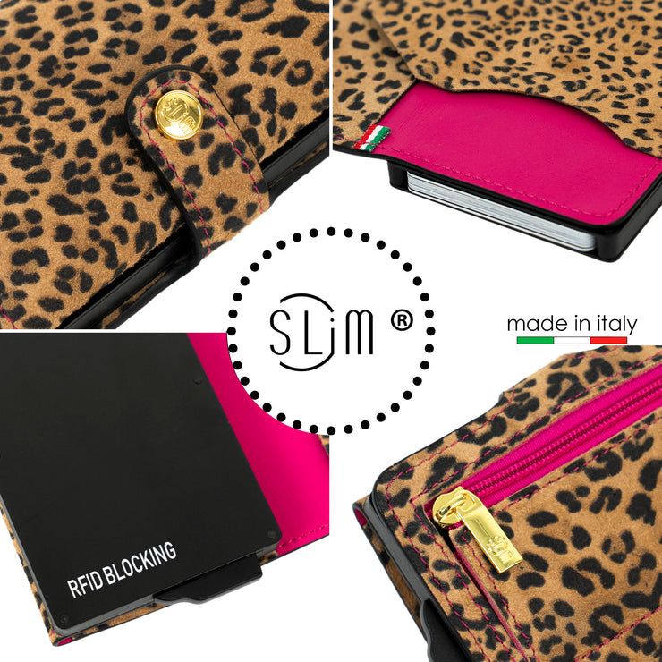 SLim®️ Vera Pelle Animalier Leopard Fucsia con zip porta monete