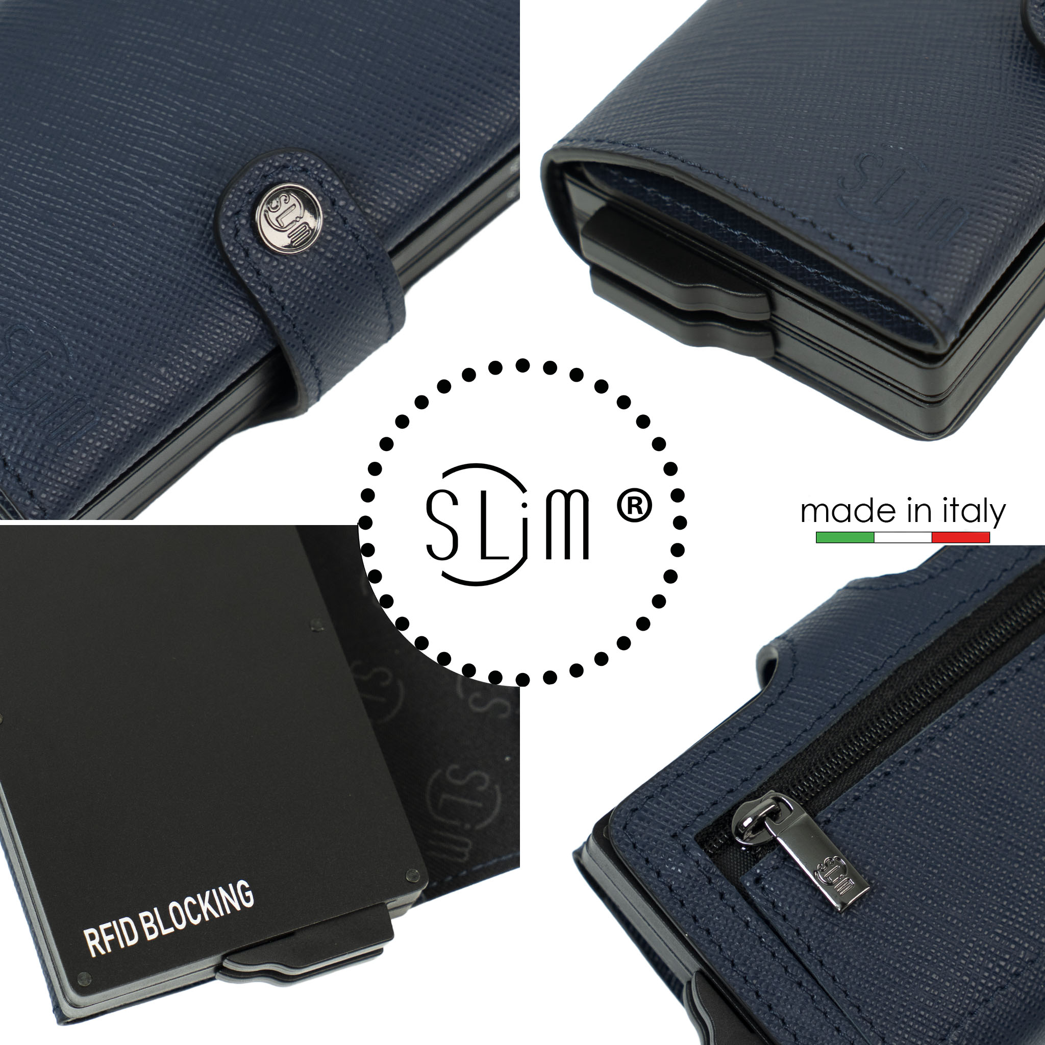 Porta Carte Vera Pelle Saffiano Blu Doppia Cassa
