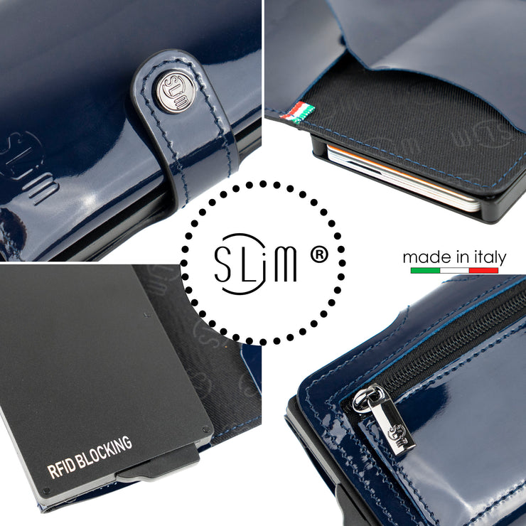 Porta Carte Vera Pelle Specchio Blu con Zip