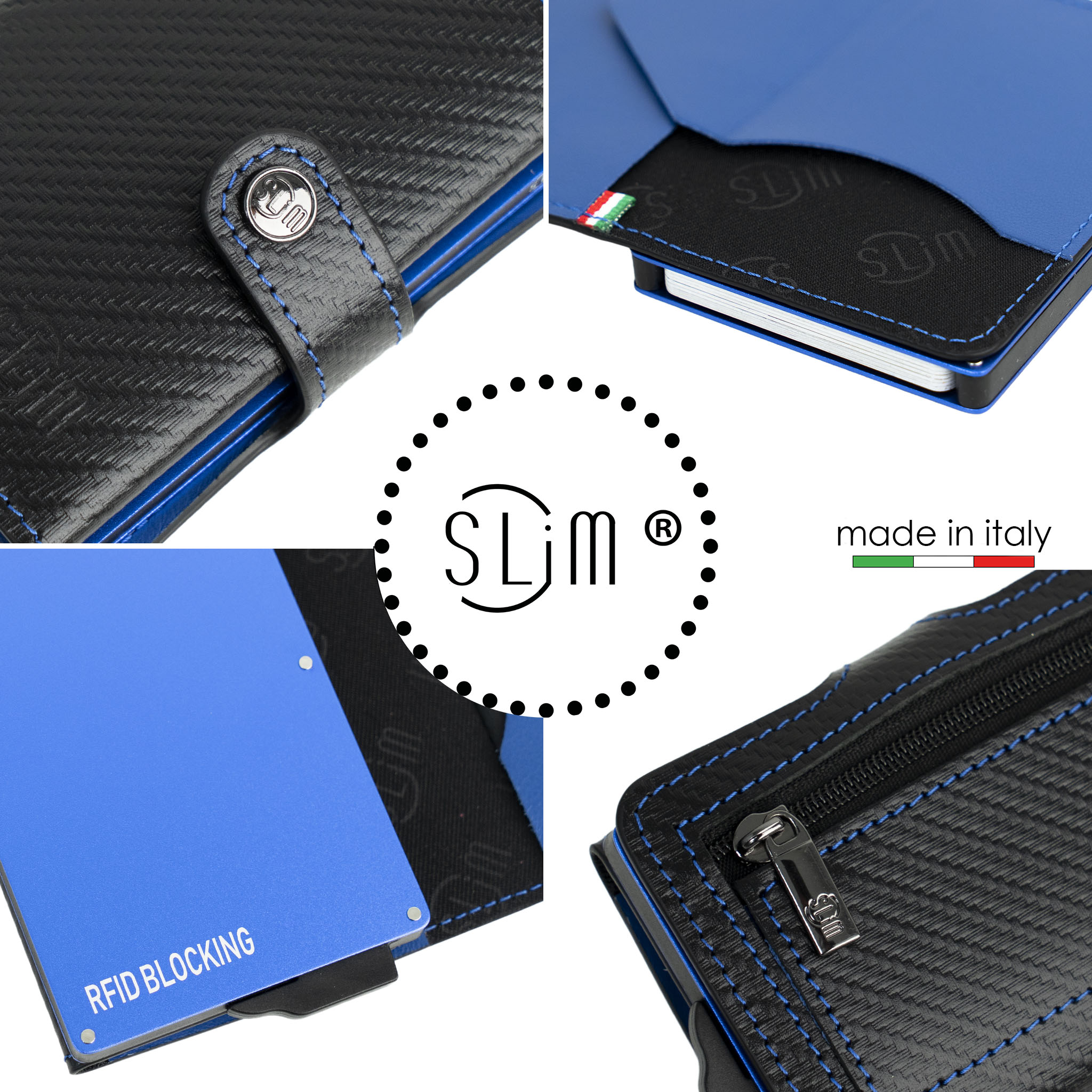 Porta Carte Vera Pelle Carbon Style Nero/Blu con zip