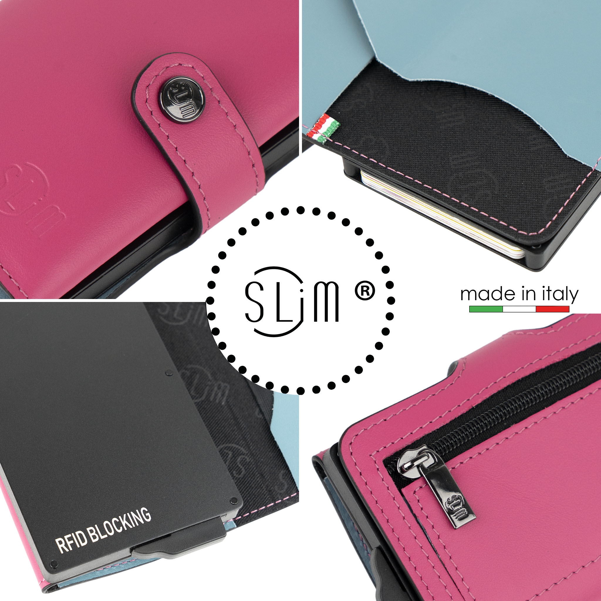 Porta Carte Vera Pelle Fucsia e Azzurro con zip porta monete