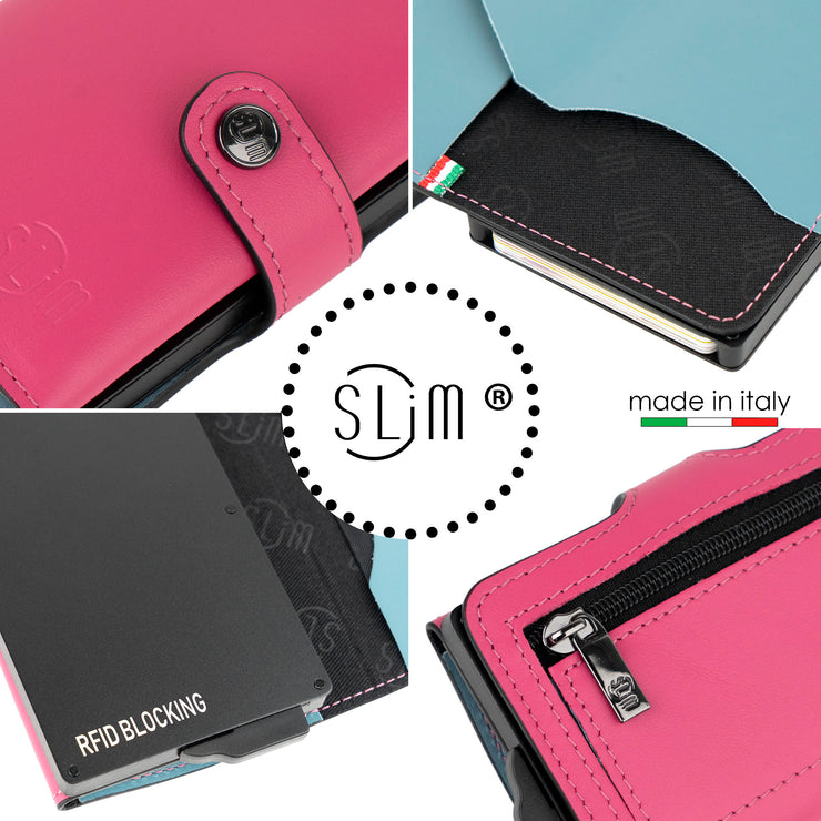 SLim®️ genuine leather wallet in fuchsia and blue with zip coin pocket