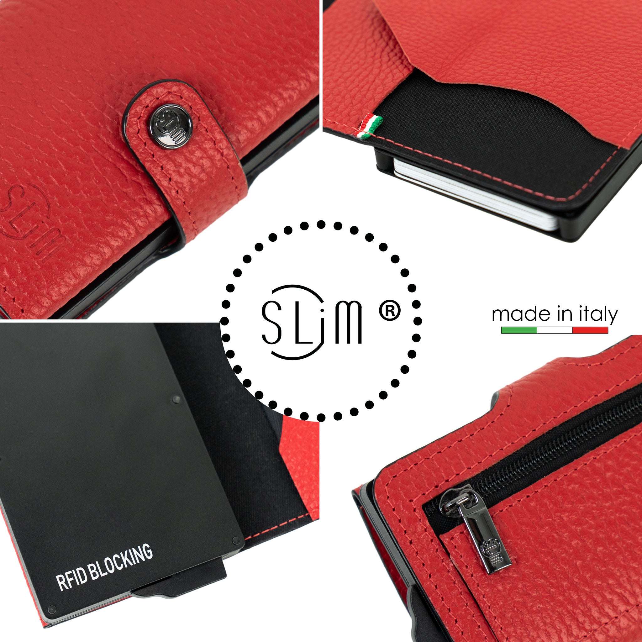 Porta Carte Vera Pelle Bottalato Rosso con zip porta monete