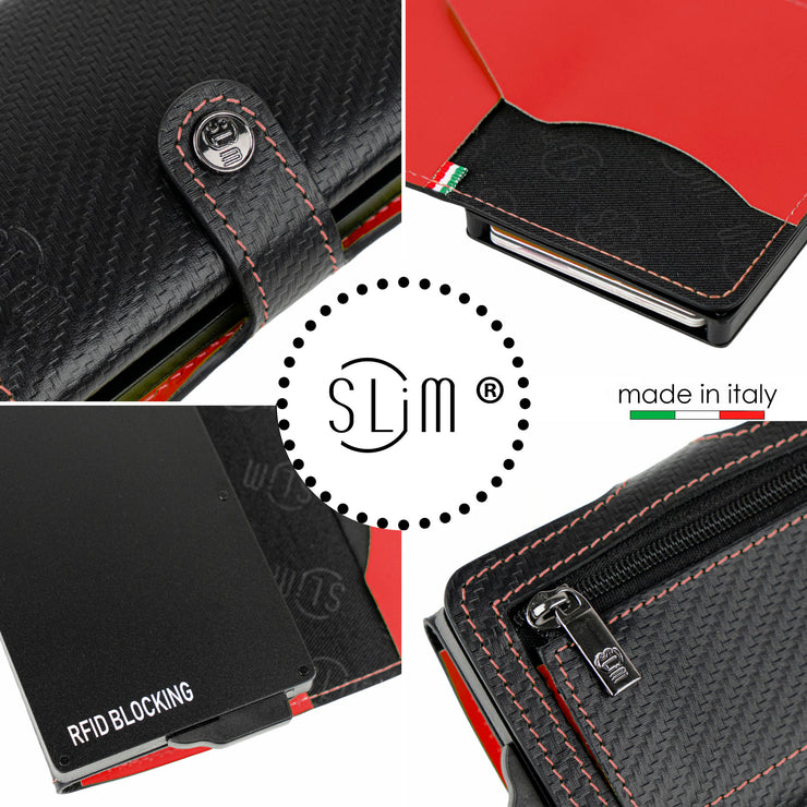 Porta Carte Vera Pelle Carbon Style Nero/Rosso con zip