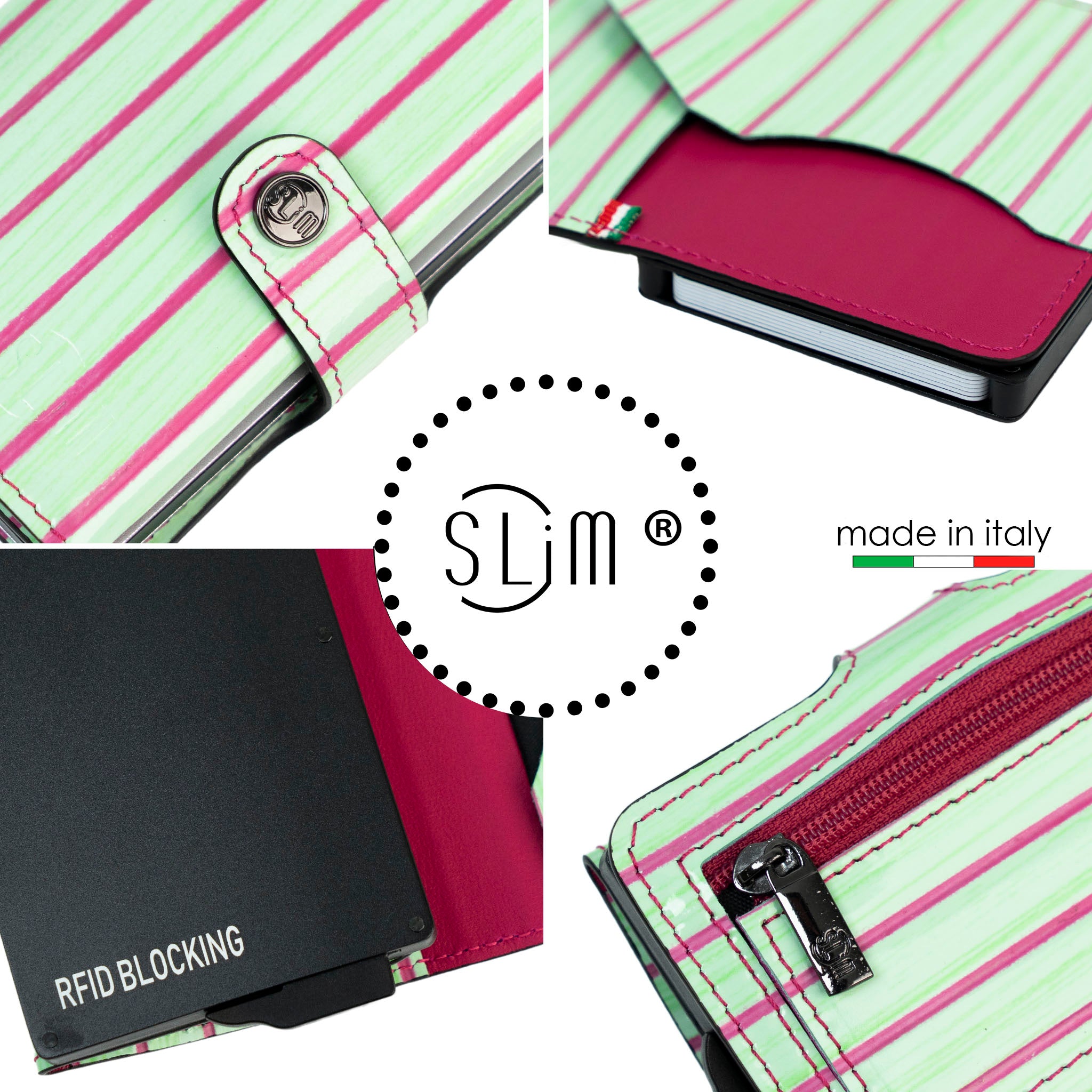 Portacarte Vera Pelle Lollipop Verde e Fucsia