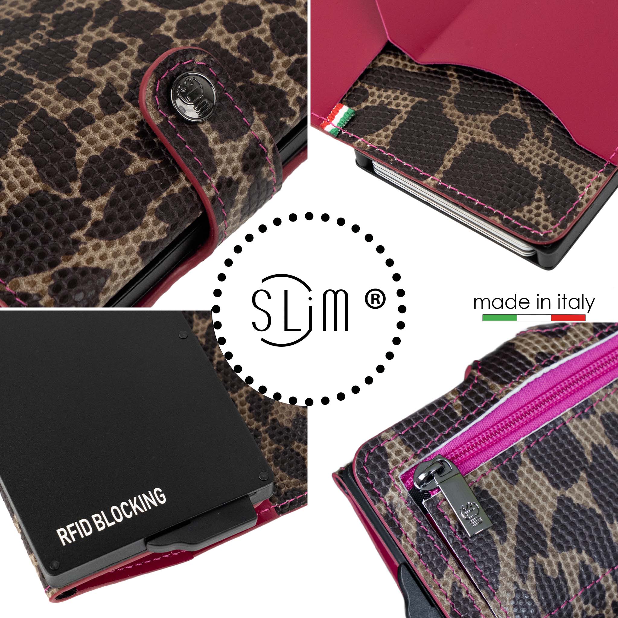 SLim®️ Vera Pelle Animalier Leopard interno Fucsia con zip