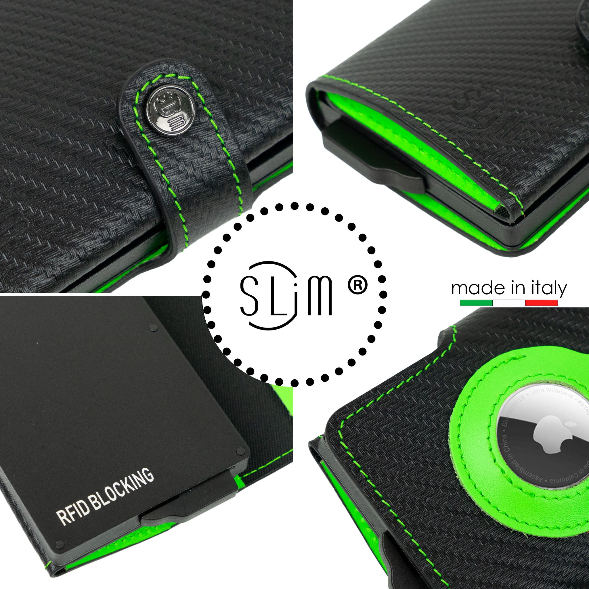 SLim®️ Genuine Leather Carbon Black/Fluorescent Green Compatible With AirTag*