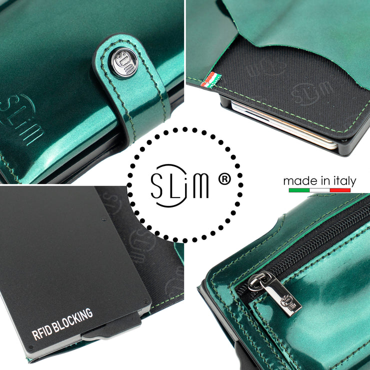 Porta Carte Vera Pelle Specchio Verde con Zip