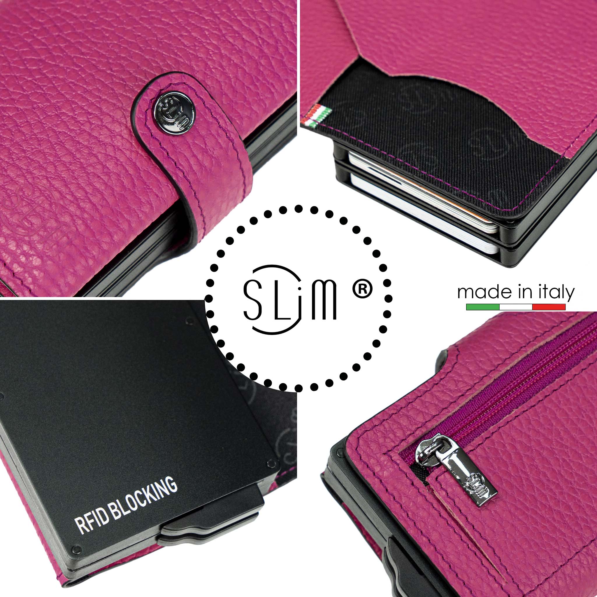 Porta Carte Vera Pelle Bottalato Fucsia Doppia Cassa