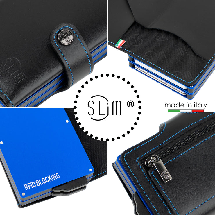 SLim®️ double case genuine balck leather wallet with blue stitching and zip