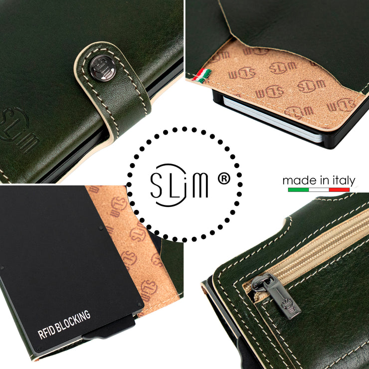 Porta Carte Vera Pelle Concia Al Vegetale Verde Zip