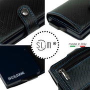 SLim®️carbon style genuine leather wallet with case and blue stitching