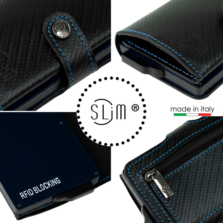 SLim®️carbon style genuine leather wallet with case and blue stitching