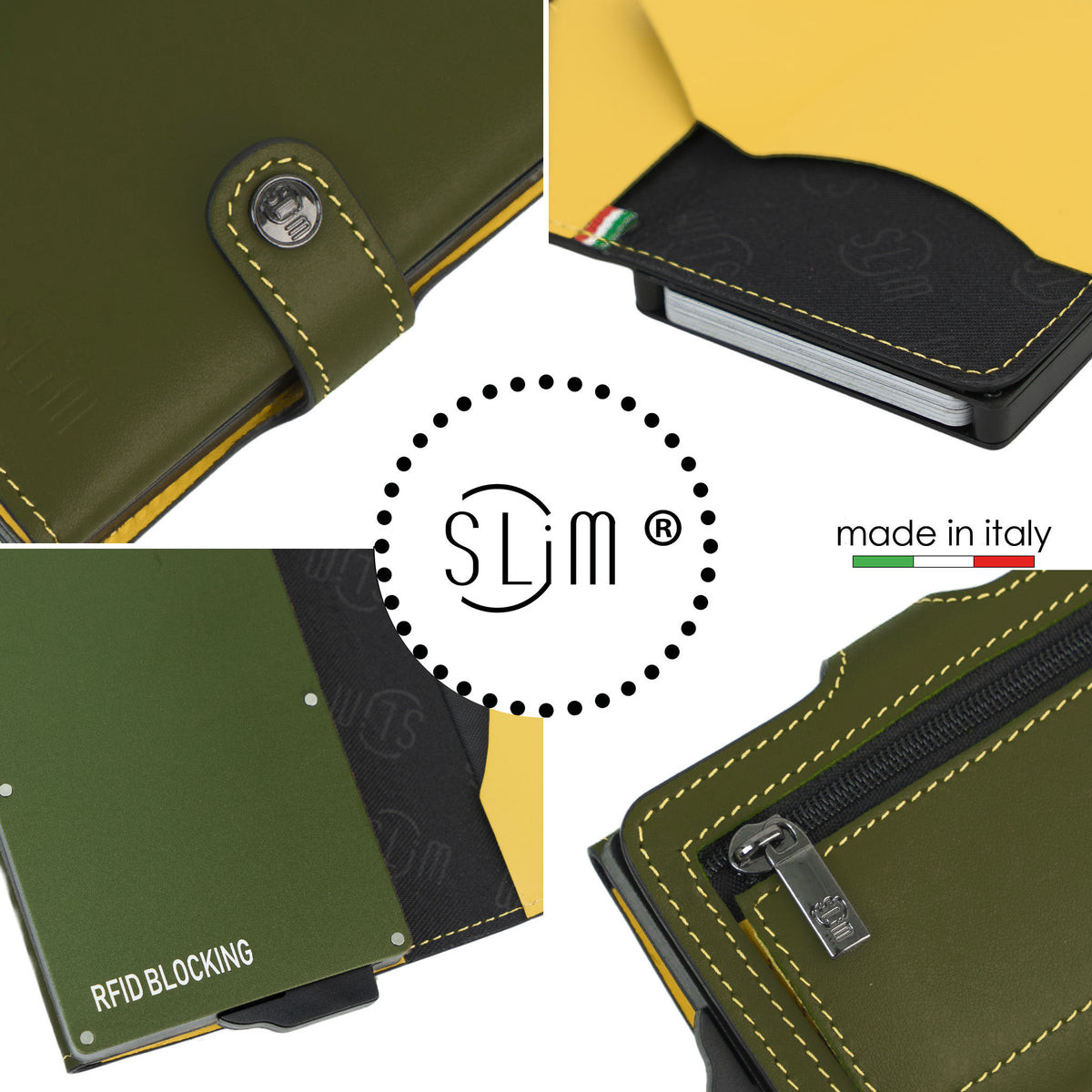Porta carte Vera Pelle Verde Pistacchio-Giallo con zip porta-monete