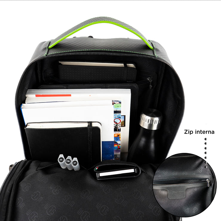 Zaino Vera Pelle Carbon Nero cuciture Verde Fluo