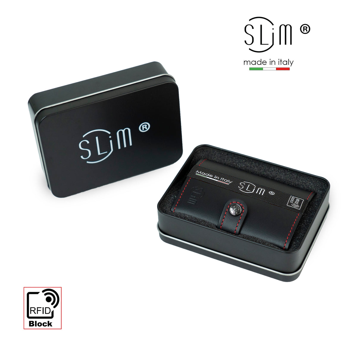 Porta carte Vera Pelle Nero Rosso con zip porta monete