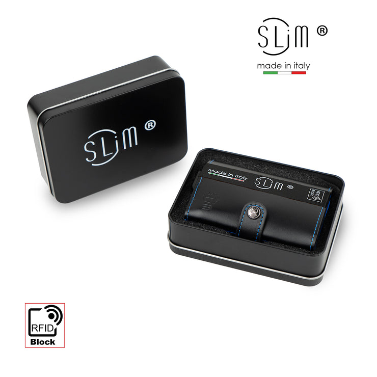 SLim®️ double case genuine balck leather wallet with blue stitching and zip