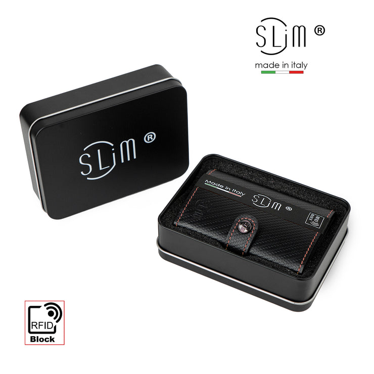 Porta Carte Vera Pelle Carbon Style Nero/Rosso con zip