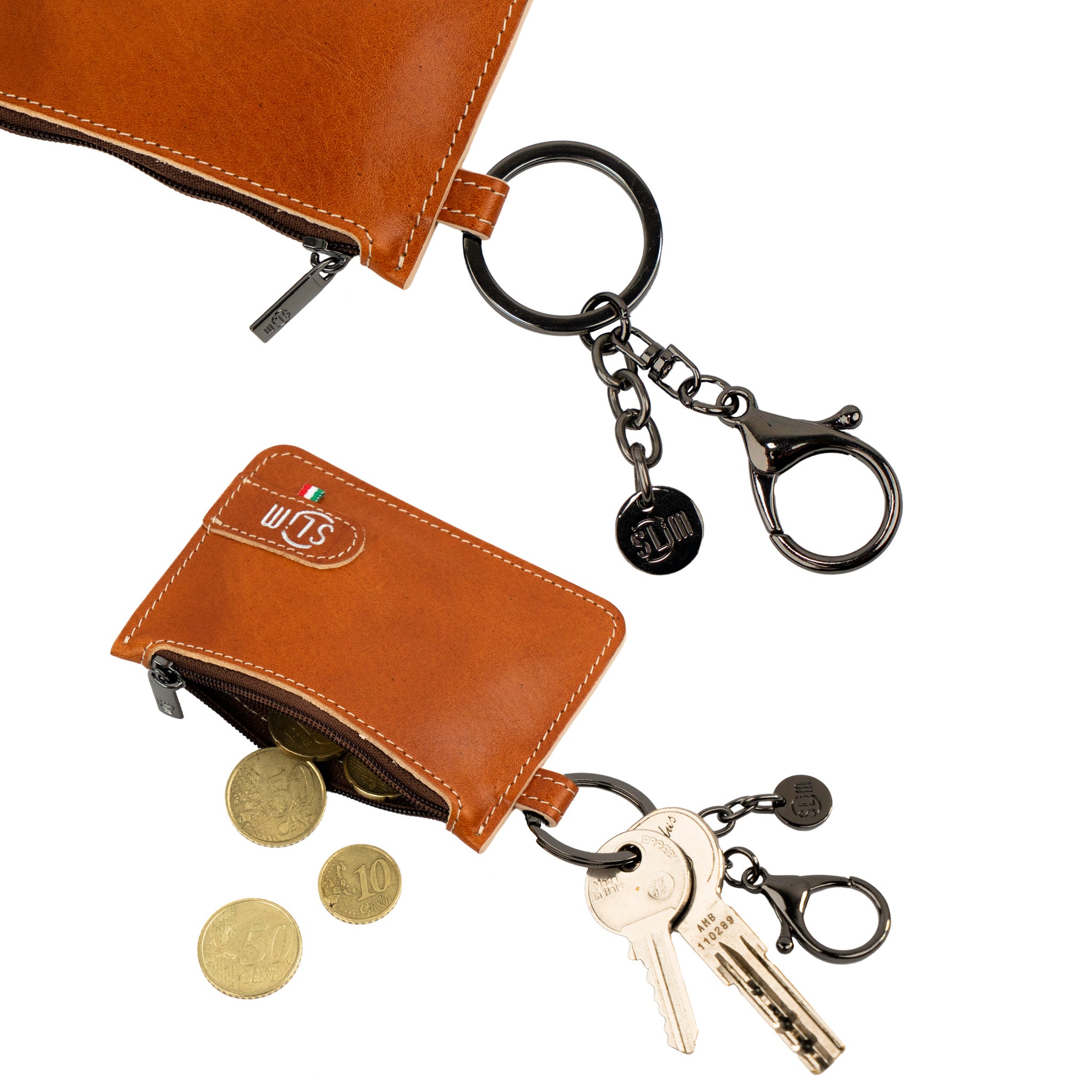 Portachiavi-Portamonete SLim®️ Vera Pelle Vegetale Cognac