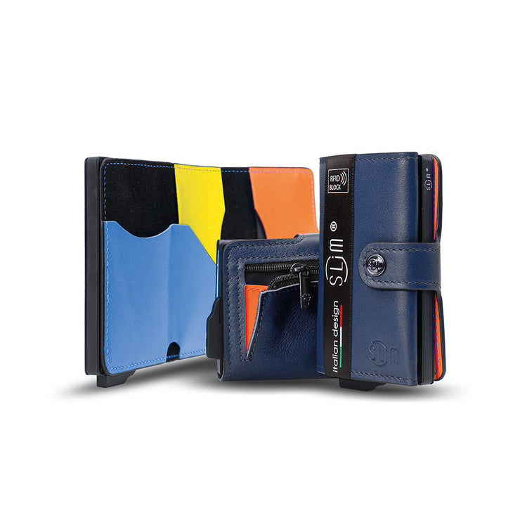 Portacarte Vera Pelle Blu Multicolor con zip porta-monete