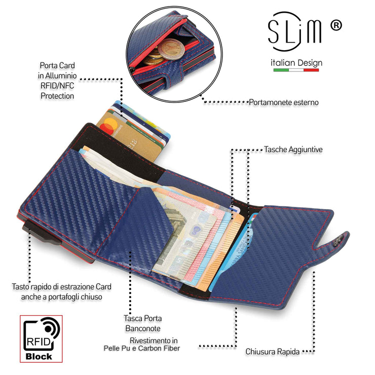 Porta Carte Carbon  Blu con zip Cuciture e Cassa Rosse pelle PU