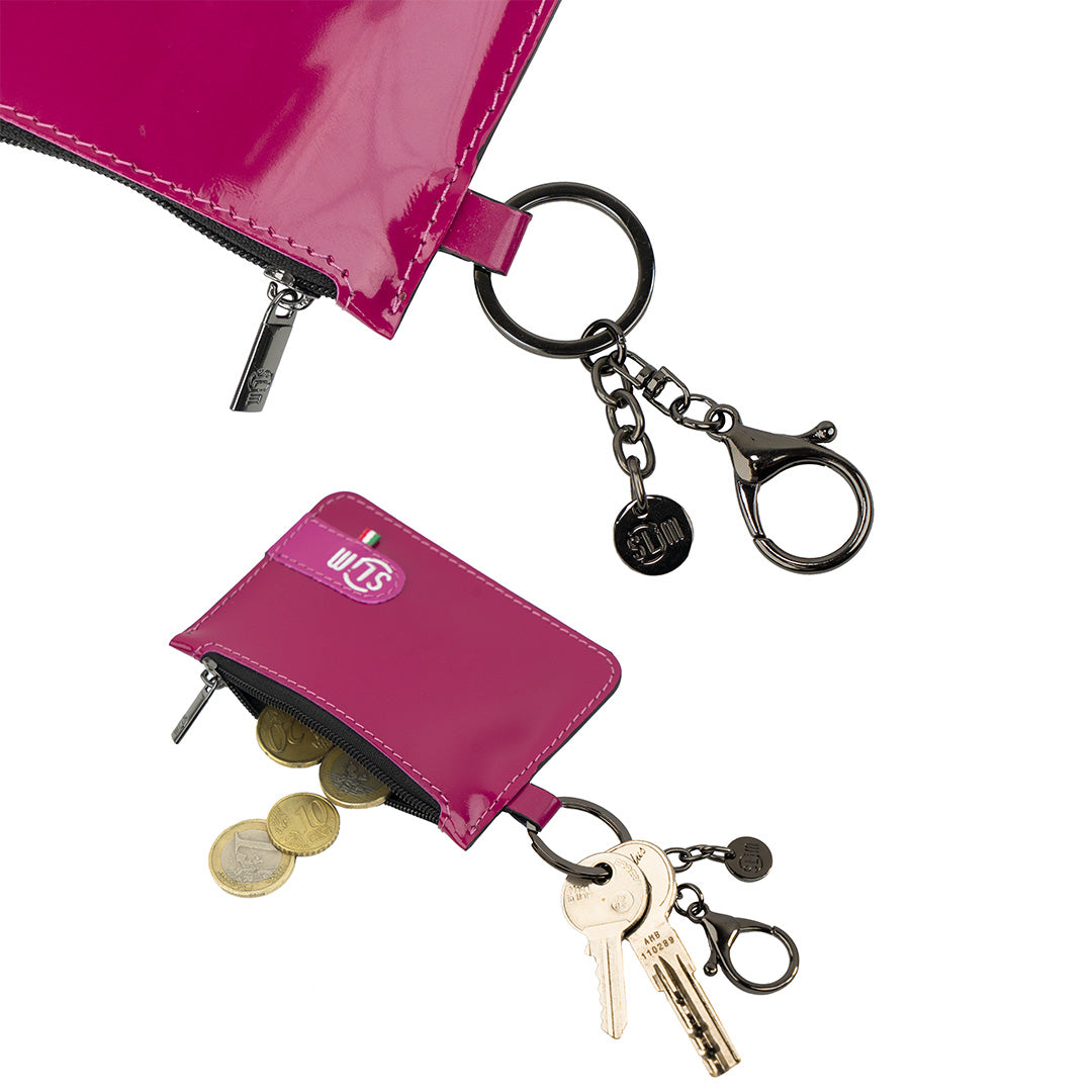 Portachiavi-Portamonete SLim®️ Vera Pelle Specchio Fucsia