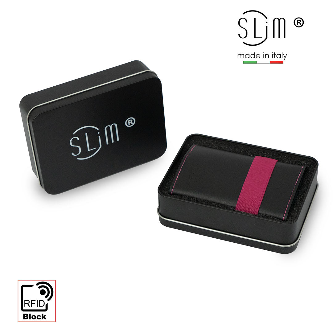 Porta Carte Vera Pelle Nero con Elastico Fucsia e Zip porta monete