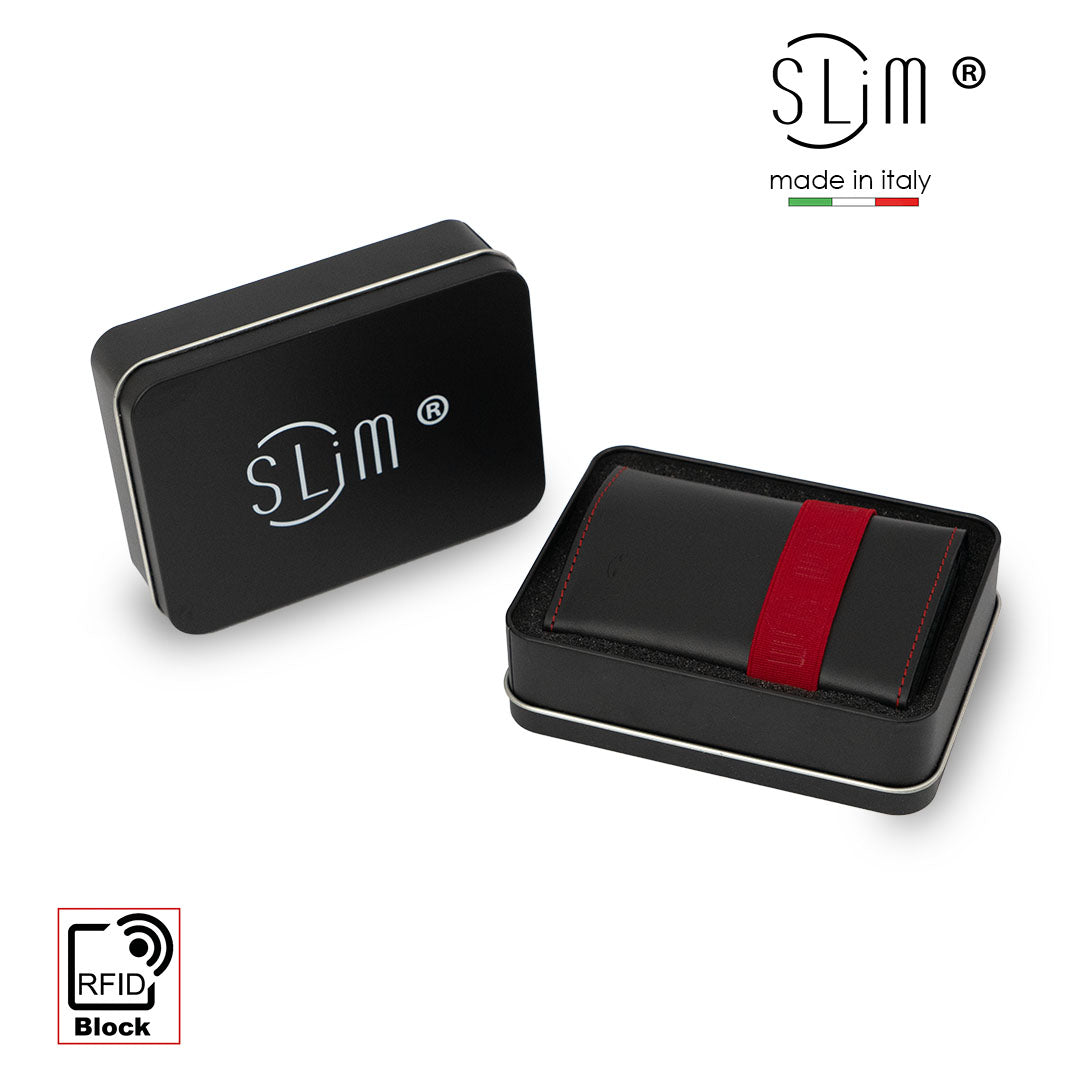 Genuine Black Leather Card Holder with Red Elastic and Zip Coin Pocket 